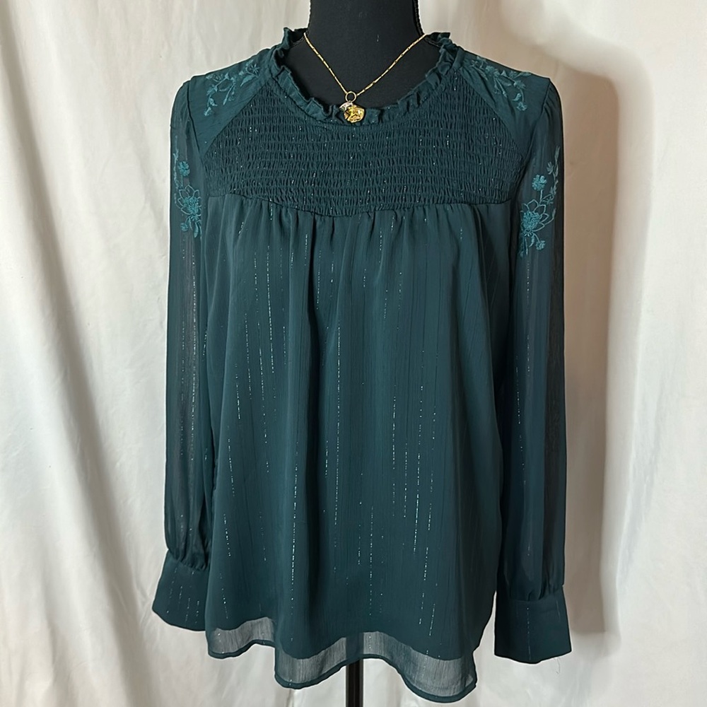NWT MASON & BELLE long sleeve blouse -‎ metallic stripe and floral accents